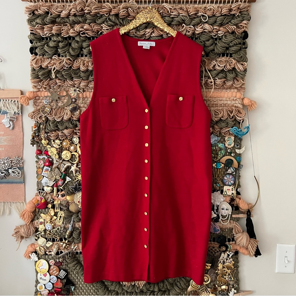 VTG Stephanie Andrews Jumper Dress Red Wool Blend Knit Sleeveless Sweater Dress